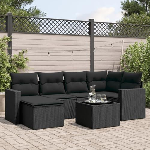 Gecheer 7-TLG.Garten-Sofagarnitur mit Kissen Gartenmöbel Garten Lounge Sitzgruppe Gartengarnitur Gartenlounge Rattenmöbel Loungesofa Möbelsets Loungegruppe Sitzgarnitur Schwarz Poly Rattanmodel 236