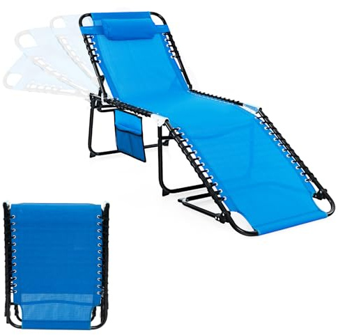 KOMFOTTEU Faltbare Sonnenliege mit Seitentasche & Kopfstütze, Strandliege mit 4 verstellbaren Positionen, Gartenliege bis 150 kg, Relaxliege für Pool, Garten (1, Blau)