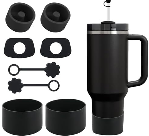 SALUOKE Cup Accessories 8 Pcs for Stanley, Including 2 Straw Cover Cap, 2 Square Spill Stopper, 2 Round Leak Stopper, 2 Pcs Silicone Boot for Stanley Cup 2.0 40/30oz Tumbler, Cup Not Included(Black)