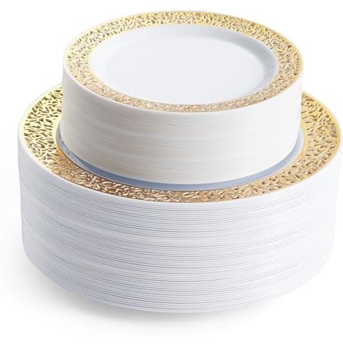 MATANA 120 Assiettes Blanches Élégantes avec Bord Doré pour Mariages, Anniversaires, Baptêmes, Noël & Fêtes (2 Tailles, 26cm & 19cm) - Solide & Réutilisable