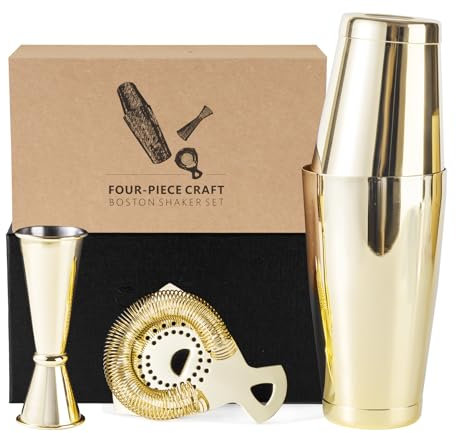 Ensemble Shaker Cocktail 3 Pièces - Kit Boston Shaker 18/28 oz en Acier Inoxydable, Passoire à Bar, Doseur Double, Coffret Cadeau Élégant pour Maison, Bar, Fête, Débutants et Professionnels (Or)