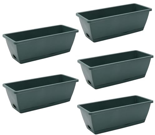 The Fellie 5 PCS Large Garden Planter Plastic Trough With Drainage Holes & Tray, Outdoor Rectangle Long Planter For Windowsill & Balcony, Vegetable Plant Pot For Succulent, Green 49.5L*19W*15.7HCM