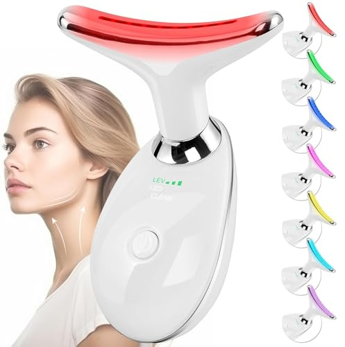 Facial Massager Firming Wrinkle Removal,Face Neck Beauty Device, 7 Color Led Face Neck Massager, Multifunctional Facial Skin Care Tool, Ideal for Home Skin Care (White)