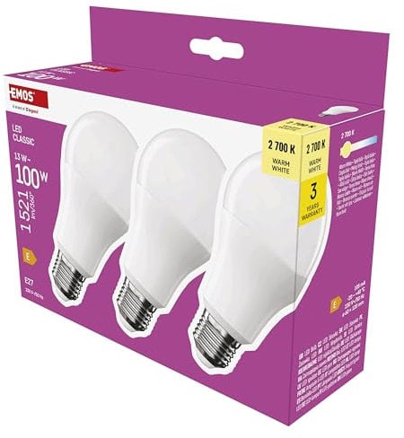 EMOS LED Lampe A60-Birne 3er Pack, 13W Ersatz für 100W Glühbirne, klassische Birne mit E27 Sockel, Helligkeit 1521 lm, Warmweiß 2700 K, 30000 h Lebensdauer, CRI min. 80, 180° Abstrahlwinkel