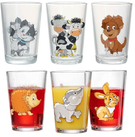 Ritzenhoff & Breker Juego de 6 vasos infantiles de animales de granja y animales del bosque, 205 ml, tazas impresas para niños con motivos de animales, aptos para lavavajillas