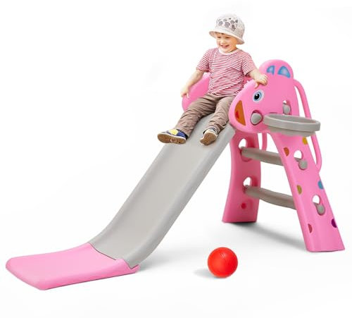 FUKEA Kids Slide, Toddler Slide with Climbing Frame, Basketball Hoop, Basketball, Indoor Outdoor Garden Slides for Toddlers Age 1-6, Pink Kangaroo