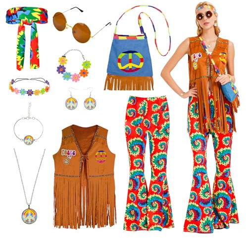 Ulikey Damen Hippie Kostüm Set 70er Jahre Verkleidung mit Fransenweste Schlaghose Zubehör für Karneval