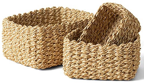 La Jolíe Muse Woven Wicker Storage Baskets, Paper Rope Storage Boxes Bin Organizer Divider for Cupboards Drawer Closet Shelf Dresser, Set of 3 (Desert and White)