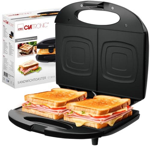 Clatronic, Appareil à Sandwich/Croque-monsieur ST3814 Noir - Plaques Carrées Antiadhésives, Poignée Calorifugée, Régulateur de Température Automatique, 680-820W, Système de Verrouillage Variable