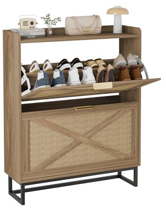 FiveWillowise Rattan Schuhschrank mit 2 Klappen, Schuhregal für Flur, schmaler Schuhkipper mit 4 Ablageflächen Schuhkommode mit Metallfüßen, Schuhaufbewahrung Holz Wand, 80x23,8x101,7 cm, Braun