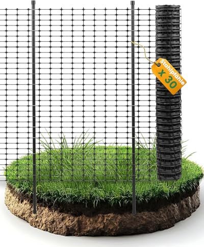 Ezcasch 50m Mobiler Begrenzungszaun 100cm Hoch Hühnerzaun Geflügelzaun Steckzaun Schafzaun Gartenzaun für Kleintiere mit 30x Stahlpfähle, 200x Kabelbinder