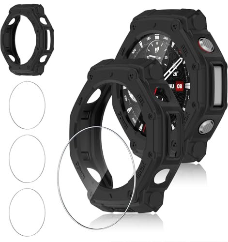 Funrae Hard Funda Compatible con Amazfit T-Rex 3, 9H HD Cristal Templado Protector de Pantalla *3, Anti-Choque Parachoques Anti-rasguños Protector Marco Funda*1- Negro