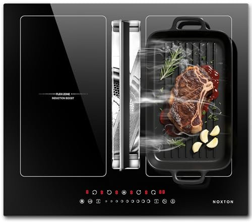 NOXTON Placa de inducción 4 fuegos con campana extractora, zonas flexibles, Booster, temporizador, 7200 W, y campana extractora de 145 W, 220-240V, sin enchufe
