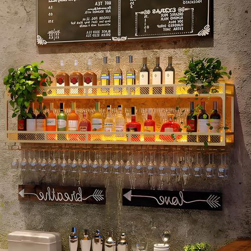 NEHCFO Moderne Metall Wand Montiert Wein Display Rack, Weinregal Wandmontage mit Led-Beleuchtung, Wandmontage, Platz Sparen, Einf-ache Install-ation, für Zuhause, Restaurant, Bars (Gold, 80x25x54cm)