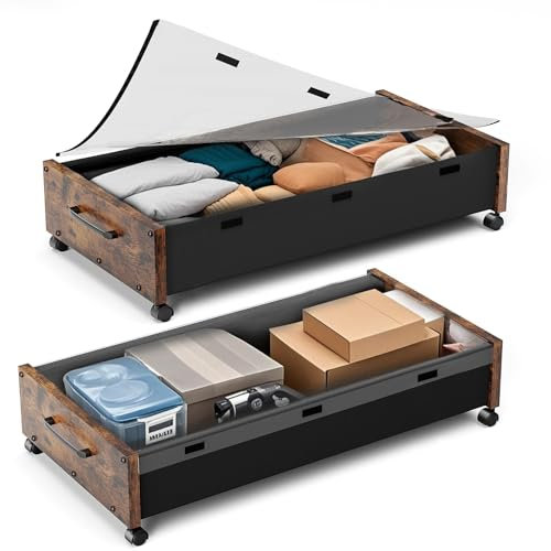 JSHNE Under Bed Storage with Wheels, Underbed Shoe Storage, Under the Bed Storage Drawers with Remove Window, Extra Large Rolling Metal Drawer for Clothes (Brown-2pack)