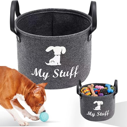Tel Charme * 2 Pack Dog Print Pet Toy Organiser Basket, Foldable Felt Storage Box with Handles for Puppy Accessories, Blankets & Leashes, Collapsible Grey Gift for Dog Owners