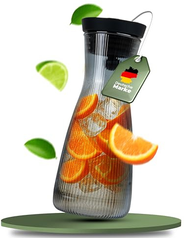 CLIDOR Wasserkaraffe mit Deckel - 1 L, edler Rauchglas Stil, Tropffreie Glaskaraffe mit Deckel, Eleganter Wasserkrug mit feiner Filterung, Ideal für Fruchtwasser, Säfte, Infused Water (1000ml)