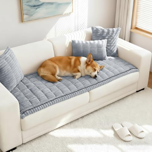 LUSCHEER Sofa Covers 2 3 4 Seater, Soft Corduroy Couch Slipcover, Grey | Non-Slip Universal Washable Furniture Protector, Corner Sectional Sofa Cushion Cover for Pet Dog Cat, Living Room, 70x180cm