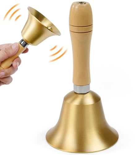 Zithgen Messing Handglocke mit Holzgriff, Super Laute Rufglocke, Metall Glocken mit Holzgriff, Massivmessing Hand Tischglocke Klassische Hand Glocke für Schule, Empfang, Hotelservice, Meditation