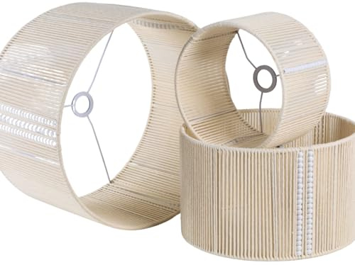 Abat-Jour Rond Blanc Cassé 30 cm, Fil de Coton Effet Jute et Perles de Bois | Pour lampe de table, lampadaire ou suspension. Style naturel avec perles de bois pour un intérieur chaleureux.