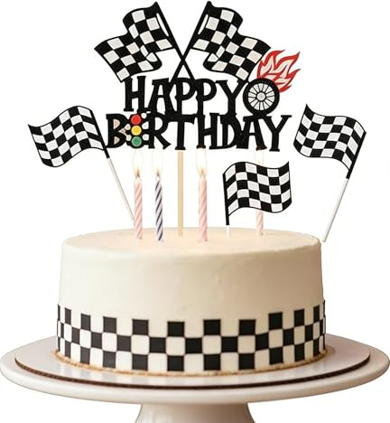 Tortendeko Auto,Rennauto Geburtstag Deko, 1 Stück Rennwagen Deko-Set Mit Doppelseitiger Flagge Und 4 Kleinen Fahnen,Racing Sports Thema Geburtstag Party Kuchen Dekorationen Cars Tortendeko,