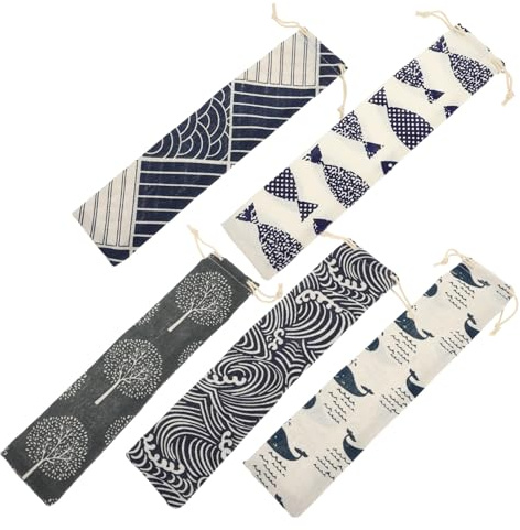VICASKY 5 pezzi Borsa Cotone e Lino con Coulisse per Cannucce Riutilizzabili Sacchetto Viaggio Leggero e Pieghevole per Posate e Accessori Organizer Pratico per Trasporto Quotidiano