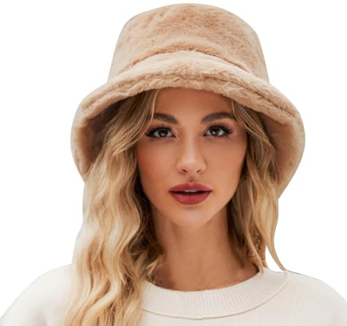 Generisch Wintermütze aus Kunstfell Damen Plüsch Fischerhut Flauschige Bucket Hat Warme Anglerhut