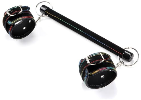 Adjustable Bondage Spreader Bar with Hand Restraints – Leather Fetter Set for Adults, Spreader Bar Kit with Carabiner Handcuffs for BDSM Role-Play Couples