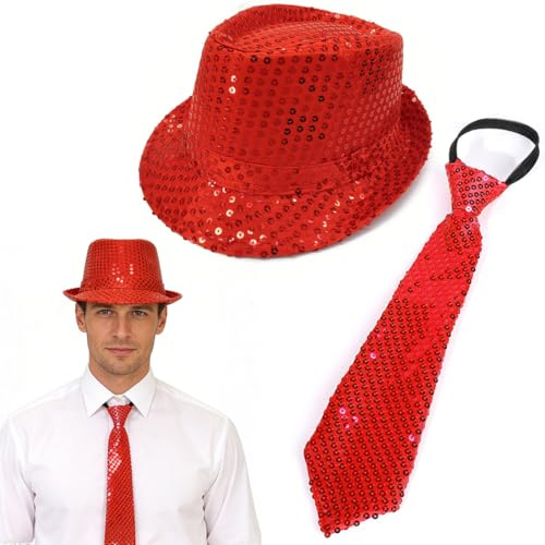 Chapeau à Paillettes Et Une Cravate, Unisexe, Tenue Disco, Accessoire, Carnaval, Costume, Fête à Thème, Rouge