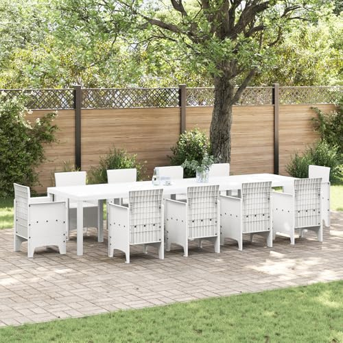 Weißer Gartentisch 350x100x73 cm aus Poly Rattan mit ausziehbarer Platte für Terrasse und Garten, wetterfestes Kunststoff-Metall Design mit UV-Beständigkeit, großer Esstisch