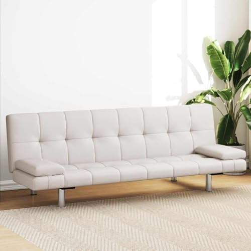 Ziaphsol Cremeweißes Schlafsofa Kunstleder, ausziehbar, mit 2 Kissen, 168x77cm, Robustes Holzgestell, modernes Design für Wohnzimmer, vielseitige Schlafcouch
