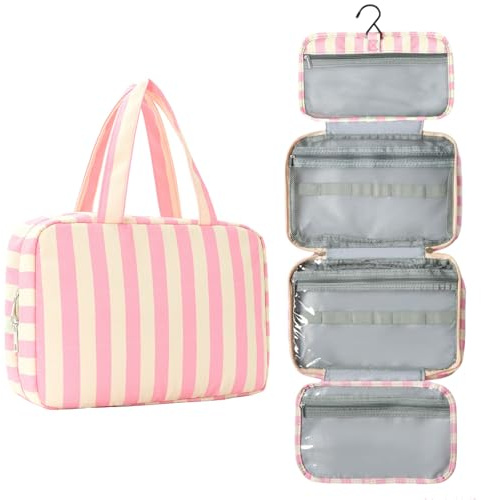 Floruvia Große Kosmetiktasche Für Frauen Reise Wasserabweisend Toiletry Bag Makeup Tasche Mit Aufhängehaken Modische Streifen Preppy Kosmetische Zubehör(Rosa)