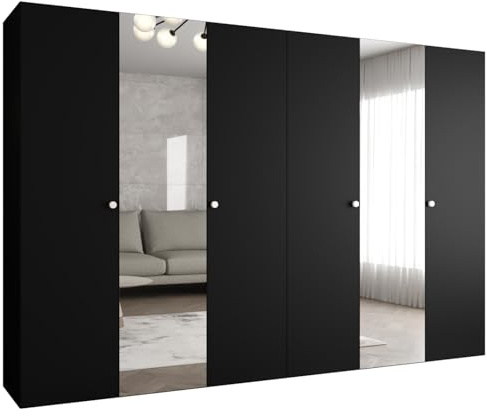 MEBLE KRYSPOL - Kleiderschrank - Garderobenschrank - 300 cm x 202 x 52 cm - Schrank mit Kleiderstange und Spiegel, 6 Türen - für Schlafzimmer, Flur - Parma, Schwarz, Griff Silber