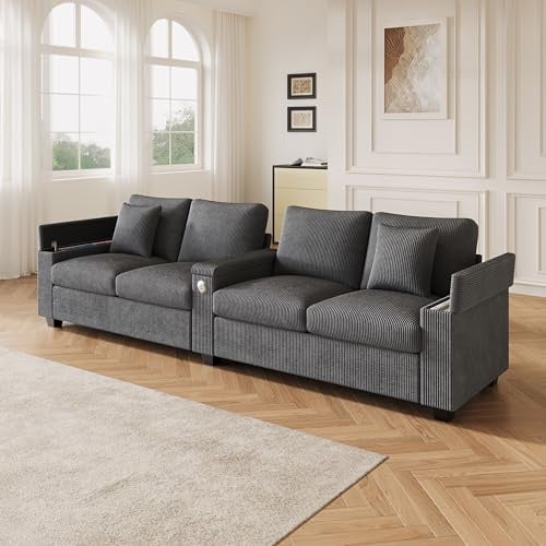Arhatreya 4 Sitzer Sofa Gästesofa Modern Couch, 4er Sitzsofa mit USB/USB-C Ladefunktion und Klappbarer Mittelarmlehne, Polstersofa für Wohnzimmer, Büro, Cordstoff, Grau