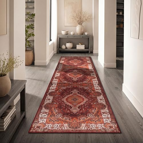 Paco Home Vintage Wohnzimmerteppich Kurzflor klassisches orientalisches Design waschbar & rutschfest pflegeleicht Schlafzimmer Esszimmer, Farbe:Rot-Orange, Größe:80x300 cm
