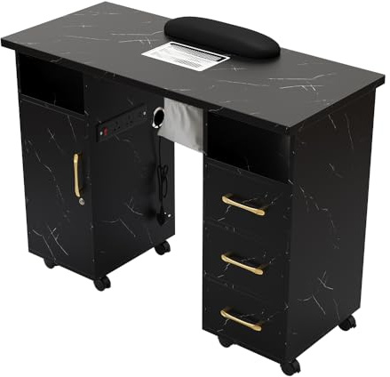 Warmiehomy Professional Nail Tech Desk Beauty Manicure Table Station with Dust Collector Removable Wrist Rest 8 Wheels 3 Drawers 1 Cabinets Nail Art Workstation for Hoom Salon Spa 102x45x78cm(Black)
