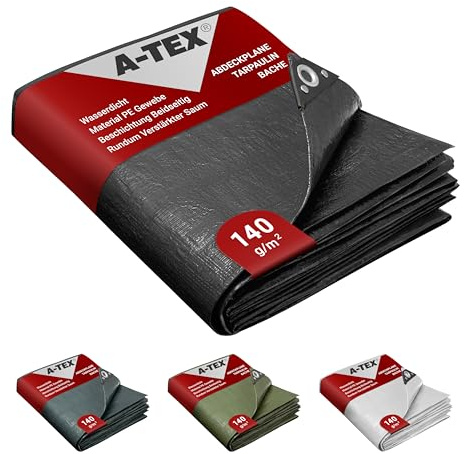 A-TEX® Abdeckplane 140 g/m² (Schwarz, 3 x 3 m) | Verschiedene Stärken, Größen und Farben wählbar | Plane mit Ösen | Gewebeplane Gartenplane Zelt Holzplane | wasserdicht | reißfest | UV-stabilisiert