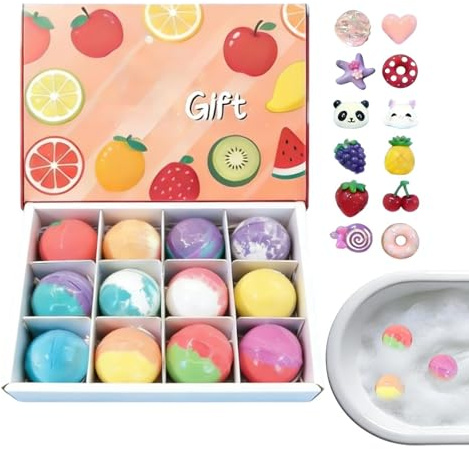 Badekugeln Set 12 Stück Körperreinigungsbadekugeln Mit Spielzeug Im Inneren | Frucht-Design Sprudelbad Badebombe für Kinder Entspannung und Selbstpflege Zuhause unterwegs im Bad im Hotel sowie zum