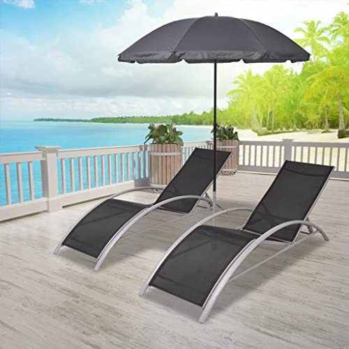 Plumbpyr Juego de tumbona de jardín con sombrilla, aluminio negro, 2 tumbonas de 156 x 60 x 89 cm, respaldo ajustable en 5 posiciones, resistente a la intemperie, para terraza, balcón, piscina, playa