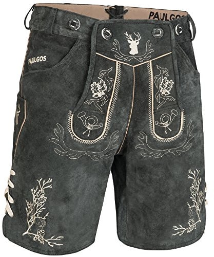 PAULGOS Herren Trachten Lederhose HK3 + Träger, Echtes Leder, Größe 52, Grau