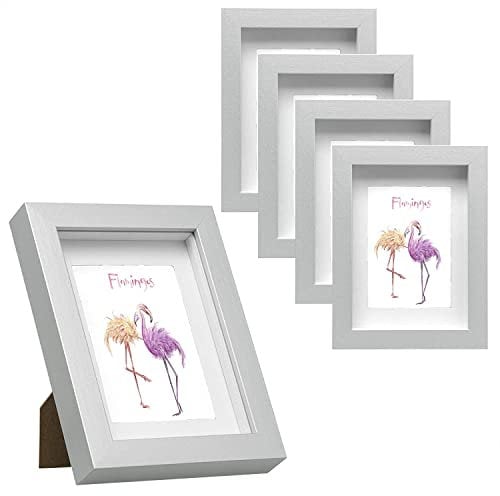 EUGAD 5er Set Bilderrahmen Fotogalerie, tiefer Rahmen für Objekte bis 1,5 cm, Holzrahmen mit Papier-Passepartout, mit Glasscheibe, 3D Objektrahmen, Silber, 30x40cm