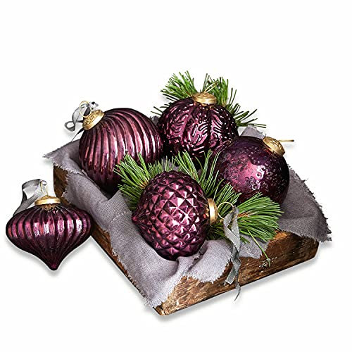Loberon Weihnachtsschmuck 5er Set Sambre, Vintage-Flair, Handbemalt, Mundgeblasen, Weihnachtskugeln, Christbaumschmuck, Weihnachtsdeko, Glas, Eisen, antiklila