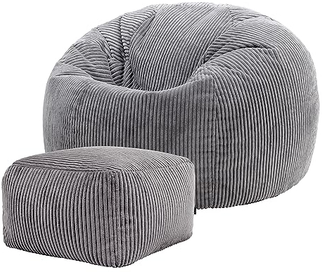 Icon Kingston Sitzsack mit Hocker Cord, Dunkelgrau, Sitzsack Erwachsene mit Füllung, Bean Bag, Cord Sessel, Lounge Sessel, Lounge Stuhl, Schlafzimmer, Wohnzimmer, Wohnzimmer Möbel