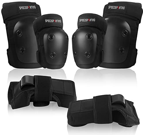 SPEEDSPORTING Protektoren Set, 6 in 1 Profi Schutzausrüstung für Kinder & Erwachsene - Verstellbar Knieschoner Ellenbogenschützer Handgelenkschoner für Inliner Skaten Roller Skateboard (Schwarz, M)
