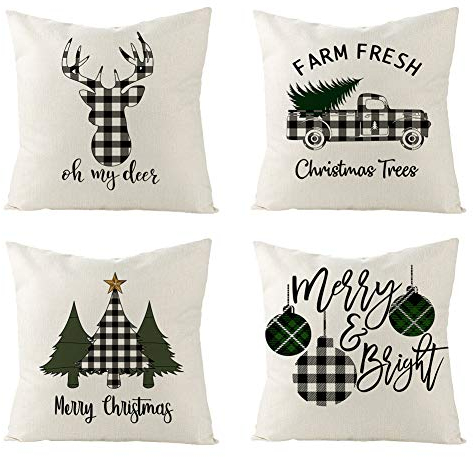 Gukasxi 4er Pack Weihnachten Kissenbezug Set Weihnachtsbaum Schneeflocke Rentier Wohnkultur Leinen Dekokissen Cases Xmas Holiday Farmhouse Home Schlafzimmer Dekokissen die Dekoration 18 x 18