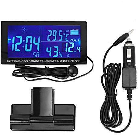 Multifunktionales 12V Auto Auto LCD Digitaluhr Thermometer Hygrometer Wettervorhersage Temperatur Spannungsmesser Monitor