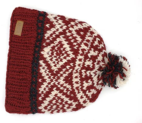 Trend Strickmütze Pudelmütze Nepal handgefertigt Schurwolle One Size weinrot weiß schwarz