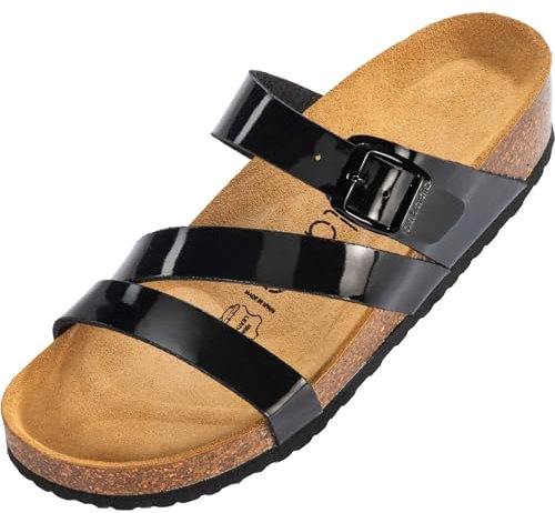 Palado Pantoletten Damen Chios - bequeme Sandalen Made in Spain - Hausschuhe mit dämpfendem Kork-Fußbett - modische Sommerschuhe Basic Schwarz Lack UK3,5 - EU36