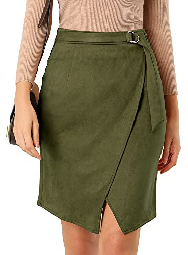 Allegra K Women's A-Line Knee Length Front Slit Wrap Faux Suede Skirt, Dark Green, M