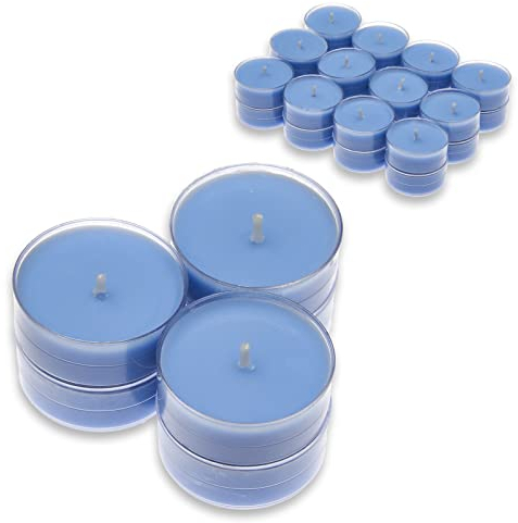 Candelo 24er Set Duftteelichter Ambiente - Duft Kerzen Wellness - Teelicht in Kunststoff Hülle je 3,8 x 1,7cm - 4 Std Brenndauer - Teelichter in Blau
